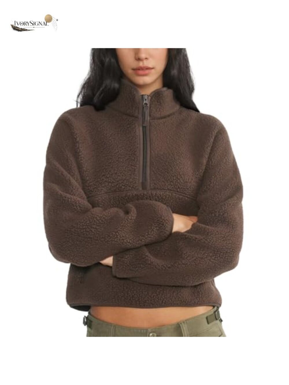Women's Cropped Fuzzy Half Zip Sweatshirt with Pockets Sherpa Fleece
